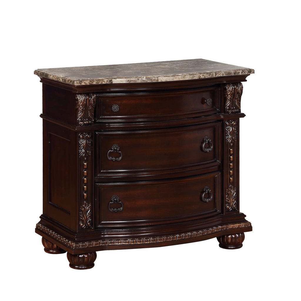 B1600 4 pc Stanley brown cherry finish wood faux leather tufted upholstered headboard sleigh style bedroom set with marble tops