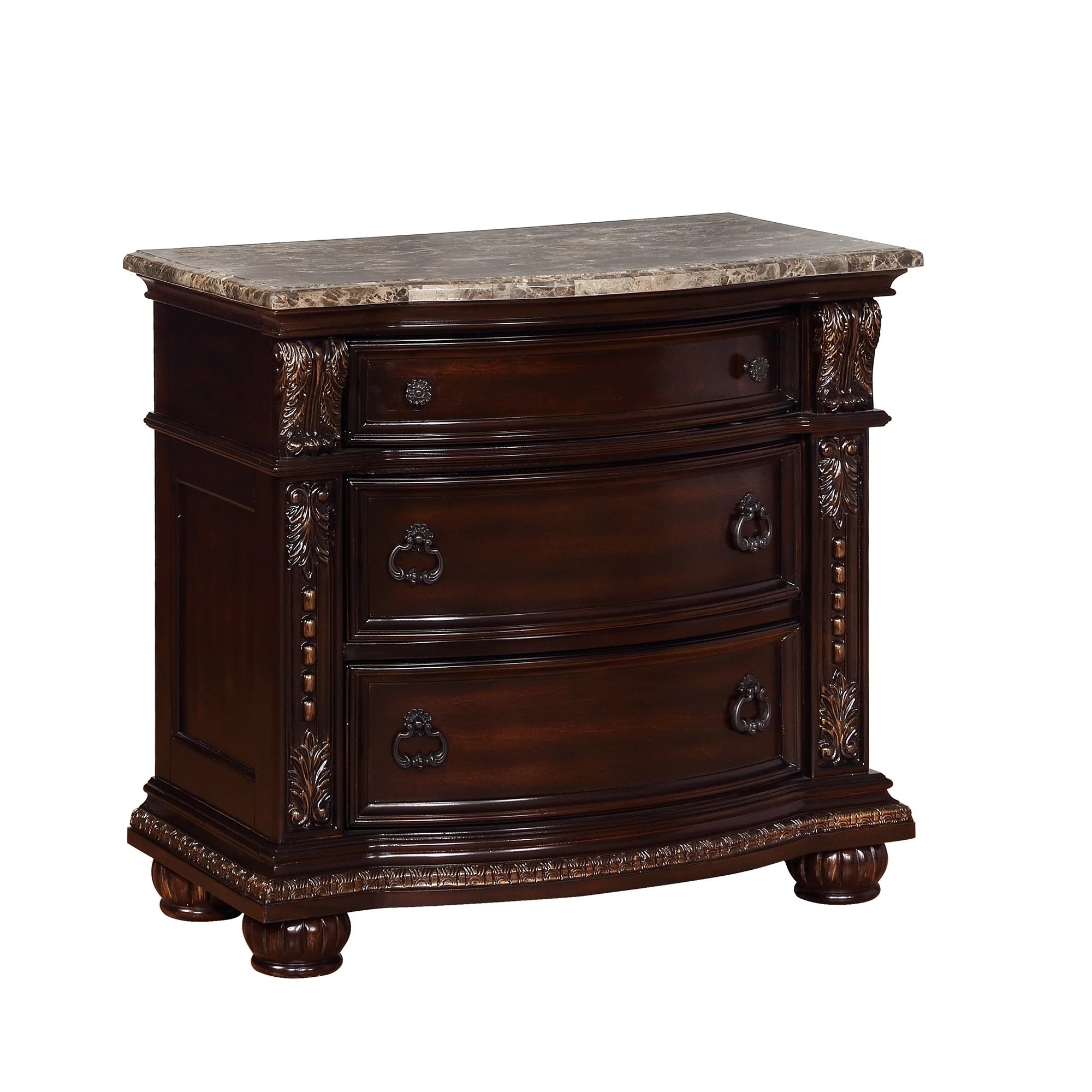 B1600 4 pc Stanley brown cherry finish wood faux leather tufted upholstered headboard sleigh style bedroom set with marble tops