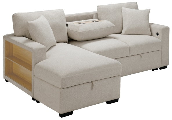 Homelegance 9630BE-2LRC 2 pc Monterey beige boucle fabric sectional sofa pop up sleep area storage chaise and drop down table tray