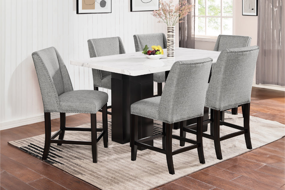 40-1221-7PC-CH 7 pc Faust espresso finish wood 68" faux marble top counter height dining table set