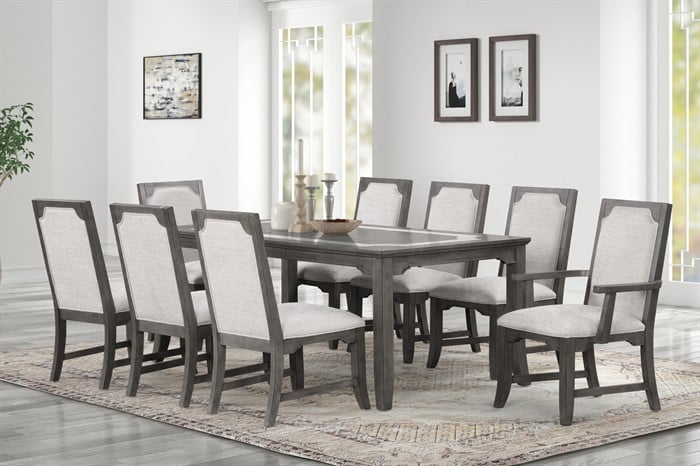 40-1605-7PC 7 pc Lisbon grey finish wood 102" dining table set marble inlay pattern on top of table
