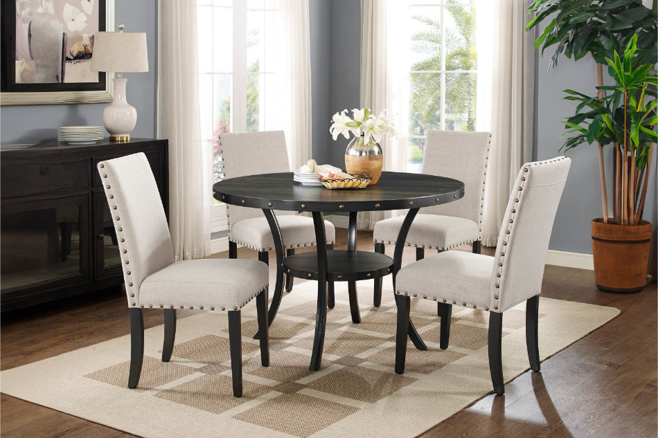 Crispin Smokey Brown Finish Wood 5-Piece 48" Round Industrial Dining Table Set with Fabric Seats & Nailhead Trim – 41-162-DT-SMK-5PC