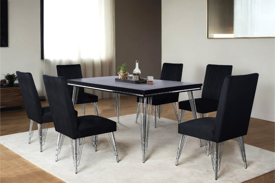 40-1891-7PC 7 pc Ava black finish wood 71" modern dining table set with chrome accents and black velvet chairs