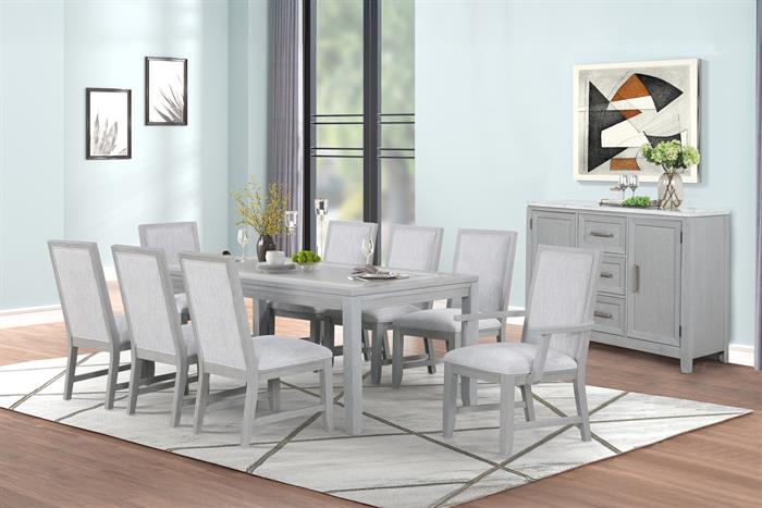 40-2442-7PC 7 pc Fiona mist light grey dining table with white marble border on top dining table set