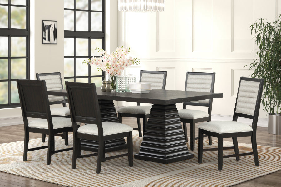 40-4101-7PC 7 pc Plateau rustic espresso finish wood double pedestal dining table set fabric upholstered seats