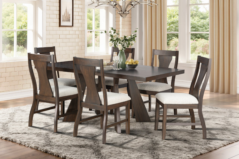 40-4124-7PC 7 pc Chestnut ridge dark brown finish wood 72" dining table set fabric upholstered seats trestle base