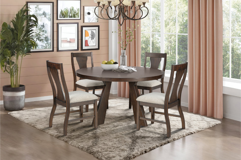 Chestnut Ridge Dark Brown Finish Wood 5-Piece 47" Round Dining Table Set with Fabric Seats & Trestle Base – 40-4124-RD-5PC