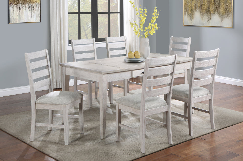40-4129-7PC 7 pc Echo white wash finish wood 60" dining table set fabric upholstered seating