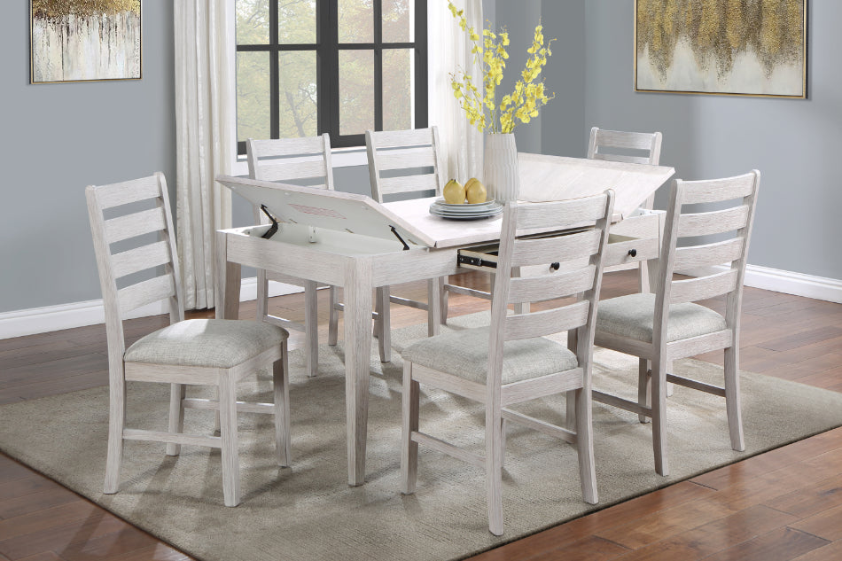 40-4129-7PC 7 pc Echo white wash finish wood 60" dining table set fabric upholstered seating