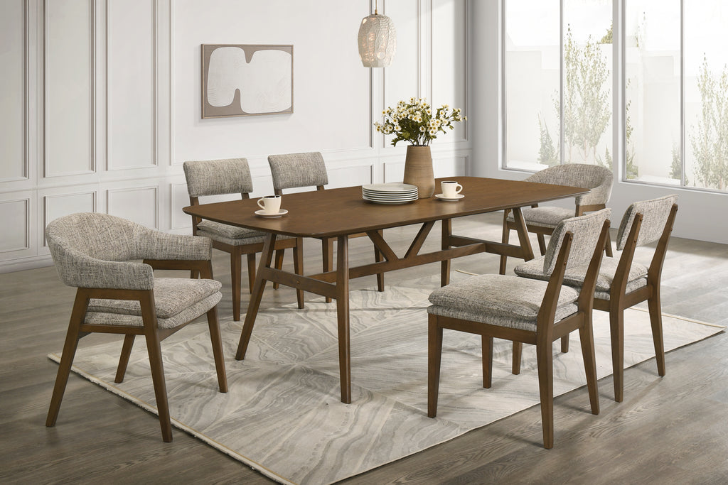 D2749-7PC 7 pc Miller walnut finish wood dining table set fabric chairs mid-century modern style