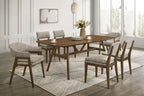 D2749-7PC 7 pc Miller walnut finish wood dining table set fabric chairs mid-century modern style