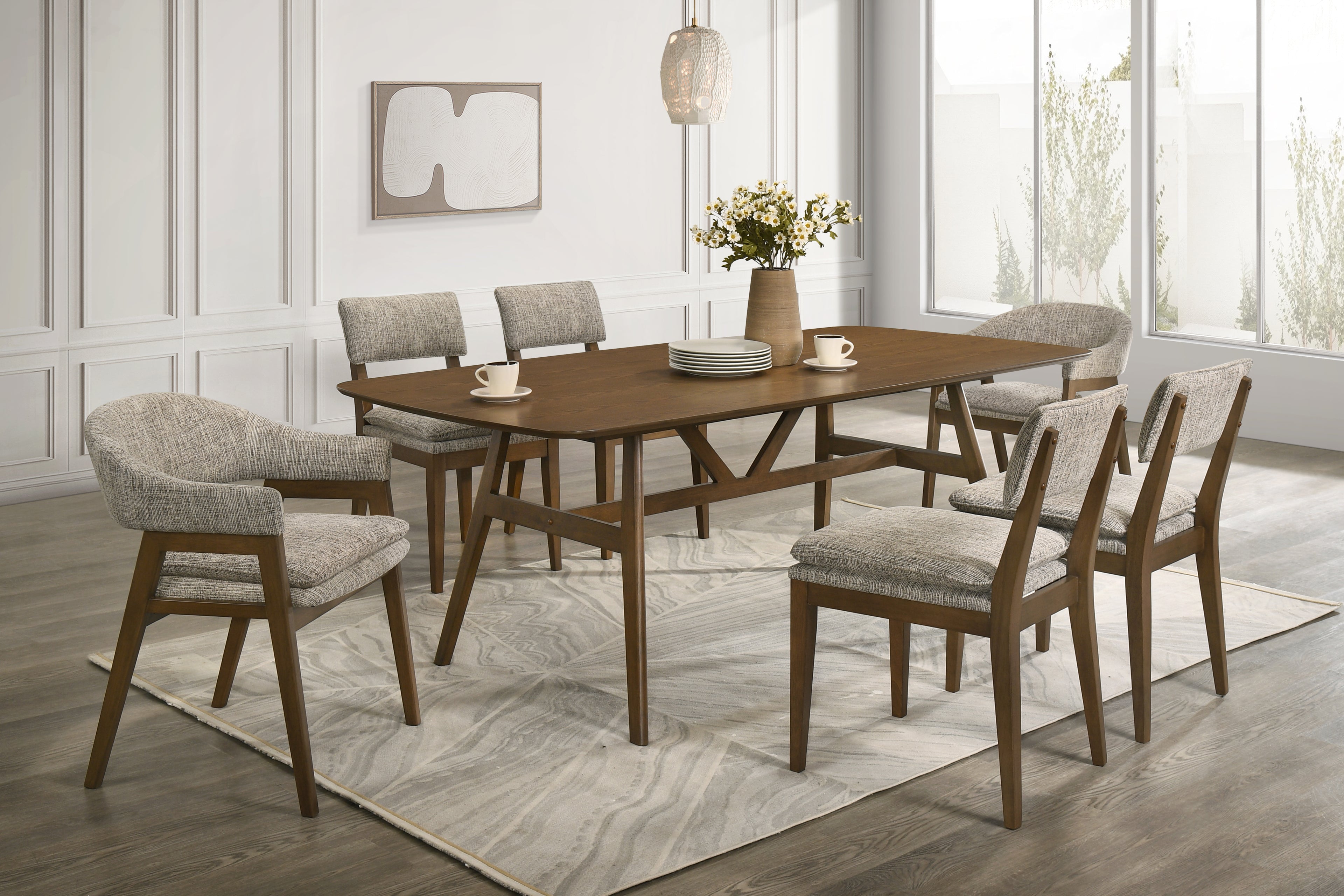 D2749-7PC 7 pc Miller walnut finish wood dining table set fabric chairs mid-century modern style