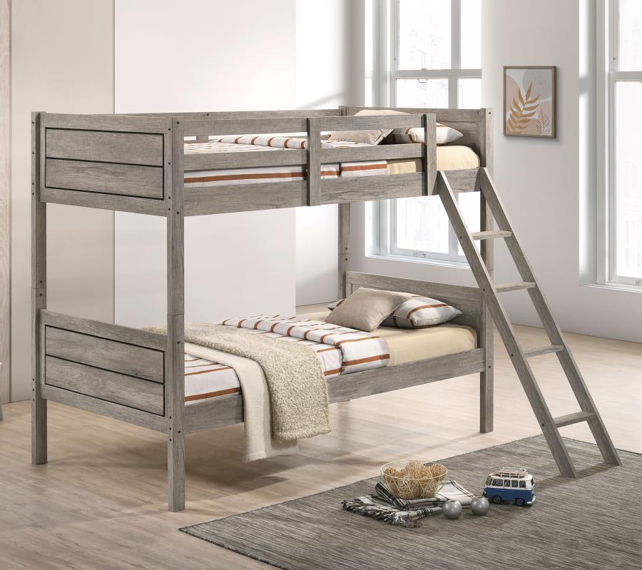 Coaster 400818 Harriet bee miles flynn weathered taupe finish wood twin over twin convertible bunk bed set