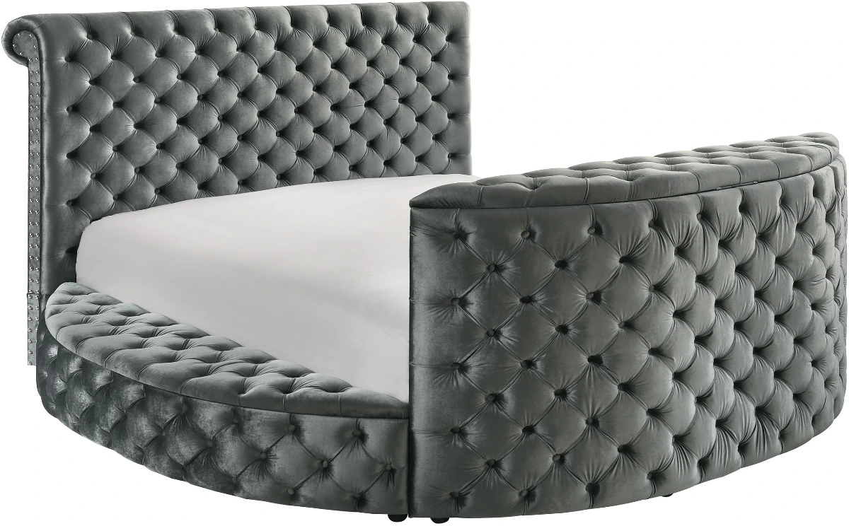 Crown Mark 5212GY Voltare grey velvet fabric tufted round queen storage bed with TV lift and built in LED Fireplace