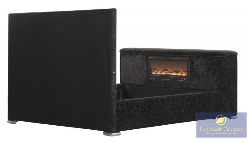 Best Master Lumora Black Tufted Fabric Queen Bed with TV Lift, Fireplace & LED Headboard – YY141