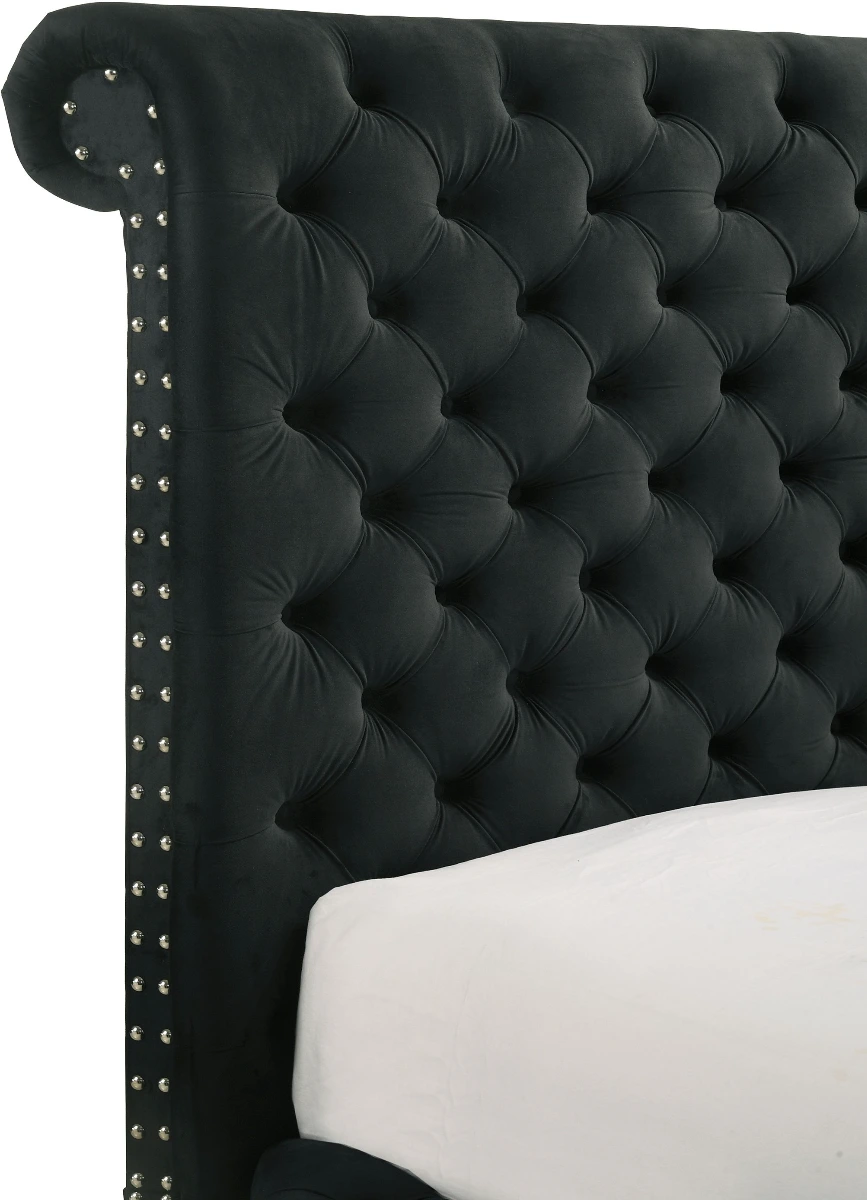 Crown Mark 5212BK Voltare black velvet fabric tufted round queen storage bed with TV lift and built in LED Fireplace