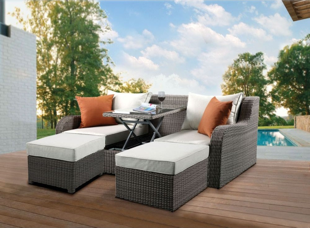 Acme 45010 Winston porter spin salena beige fabric and grey faux wicker patio double lounge sofa with pop up center table and ottomans