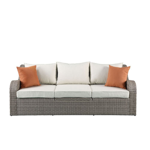 Acme 45010 Winston porter spin salena beige fabric and grey faux wicker patio double lounge sofa with pop up center table and ottomans