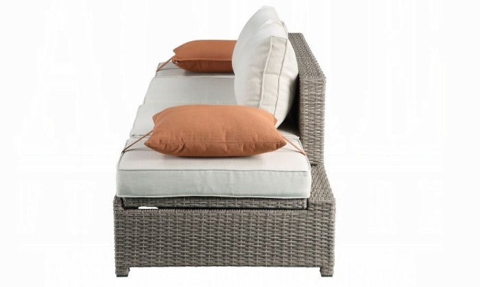 Acme 45015 Brayden studio braxten salena beige fabric and grey faux wicker patio lounge sofa with ottoman
