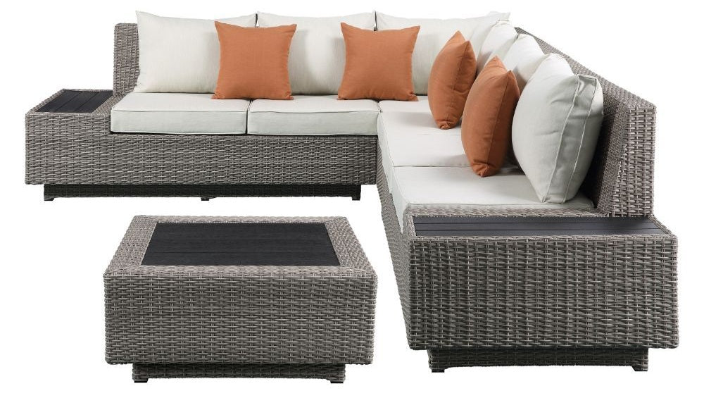 Acme 45020 Brayden studio braxten salena beige fabric and grey faux wicker patio lounge sofa sectional with coffee table