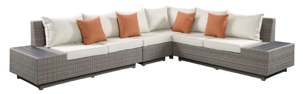 Acme 45020 Brayden studio braxten salena beige fabric and grey faux wicker patio lounge sofa sectional with coffee table