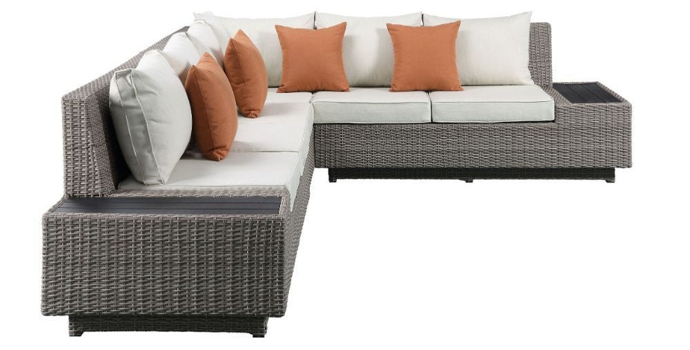 Acme 45020 Brayden studio braxten salena beige fabric and grey faux wicker patio lounge sofa sectional with coffee table
