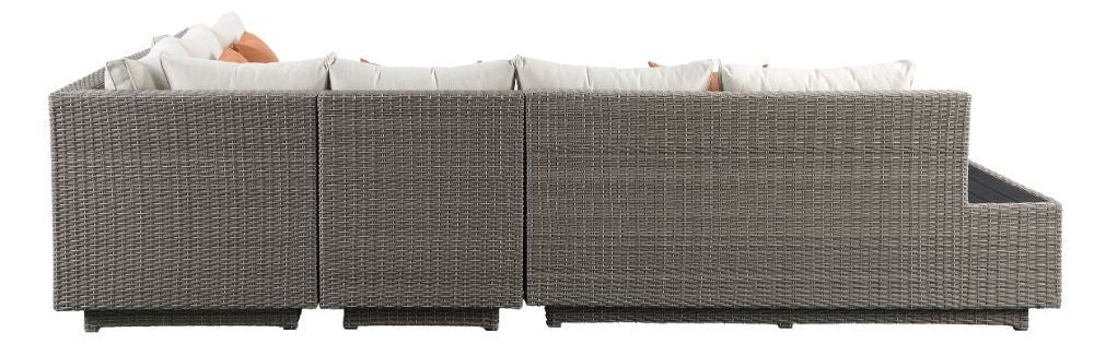 Acme 45020 Brayden studio braxten salena beige fabric and grey faux wicker patio lounge sofa sectional with coffee table