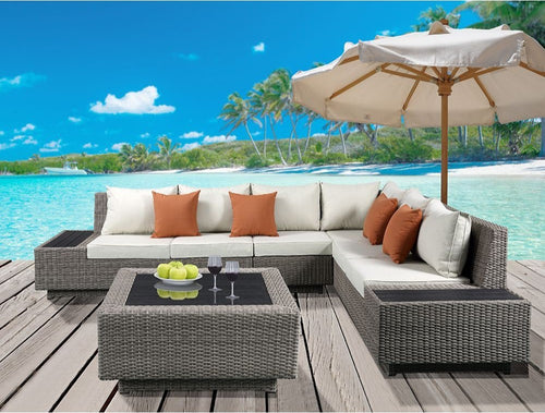 Acme 45020 Brayden studio braxten salena beige fabric and grey faux wicker patio lounge sofa sectional with coffee table