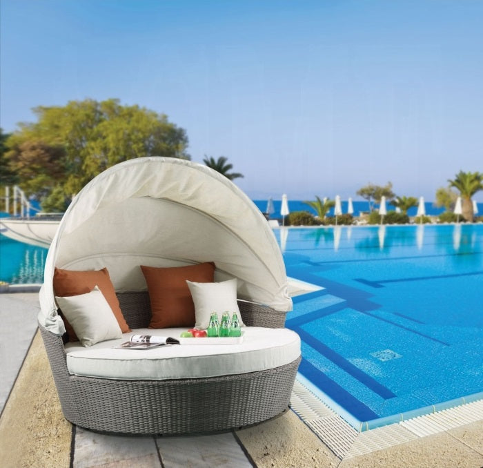 Acme 45025 Latitude run glynn beige fabric and grey faux wicker patio lounge half moon sofa and ottoman with canopy