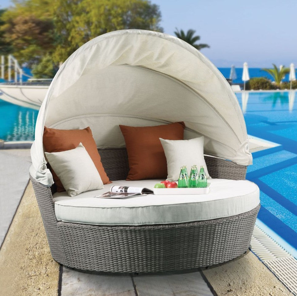 Acme 45025 Latitude run glynn beige fabric and grey faux wicker patio lounge half moon sofa and ottoman with canopy