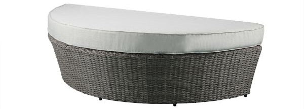 Acme 45025 Latitude run glynn beige fabric and grey faux wicker patio lounge half moon sofa and ottoman with canopy