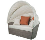 Acme 45025 Latitude run glynn beige fabric and grey faux wicker patio lounge half moon sofa and ottoman with canopy
