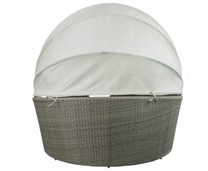 Acme 45025 Latitude run glynn beige fabric and grey faux wicker patio lounge half moon sofa and ottoman with canopy