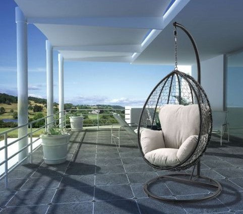 Acme 45030 Arlmont & Co. Shelteridge patio porch swing chair w/ stand beige fabric black wicker/rattan