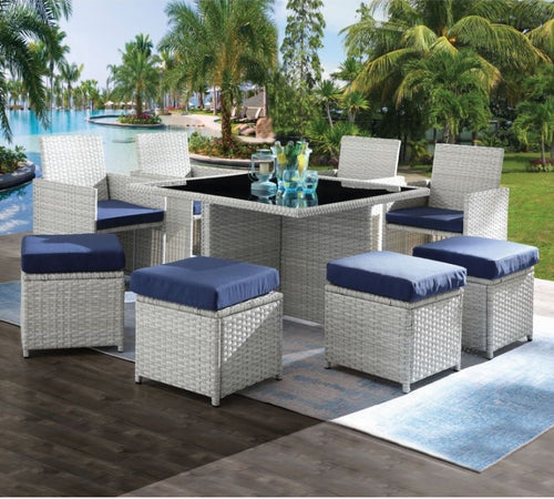 Acme 45075 9 PC Brayden studio braxten paitalyi blue fabric and grey faux wicker patio chair and stool with dining table set