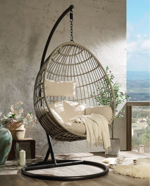 Acme 45082 Arlmont & Co. Shelteridge Vasant patio porch swing chair w/ stand fabric cushion wicker/rattan round frame