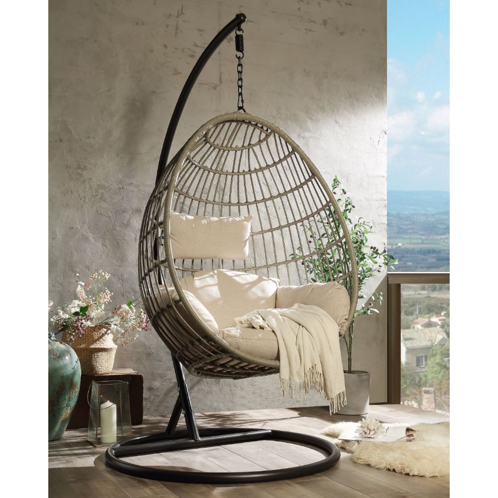 Acme 45082 Arlmont & Co. Shelteridge Vasant patio porch swing chair w/ stand fabric cushion wicker/rattan round frame