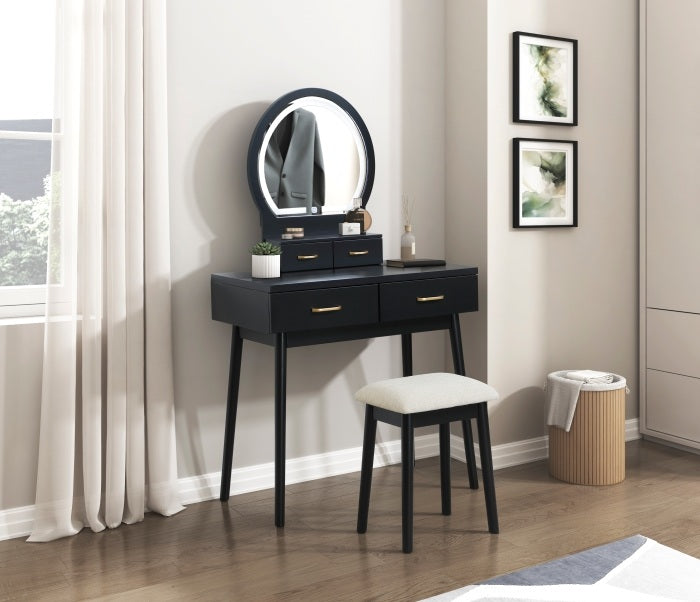 Homelegance 4565BK 3 pc Camilla black finish wood bedroom make up vanity desk set LED lighted mirror