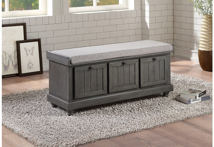 Homelegance 4586DG Woodwell distressed dark grey finish wood grey fabric padded top flip top storage bedroom entry bench