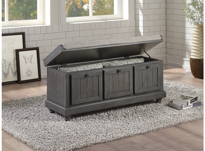 Homelegance 4586DG Woodwell distressed dark grey finish wood grey fabric padded top flip top storage bedroom entry bench