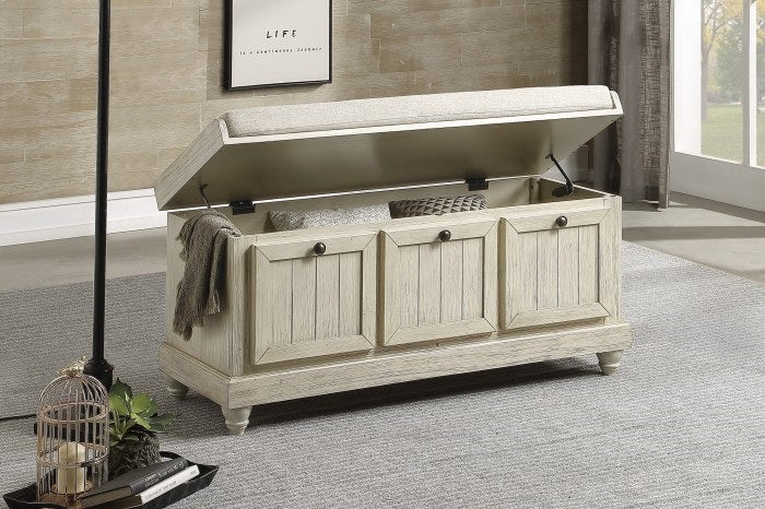 Homelegance 4586W Woodwell distressed white finish wood beige fabric padded top flip top storage bedroom entry bench