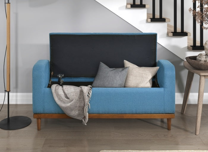 Homelegance 4590BU Brigitte blue textured fabric padded top flip top storage bedroom entry bench