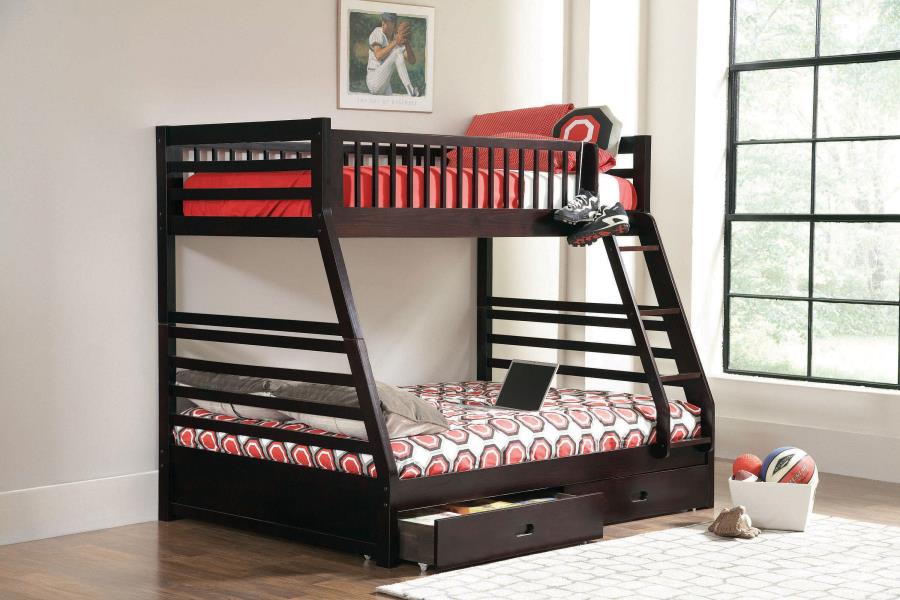 Coaster 460184 Harriet bee longville espresso finish wood twin over full bunk bed set with storage drawers