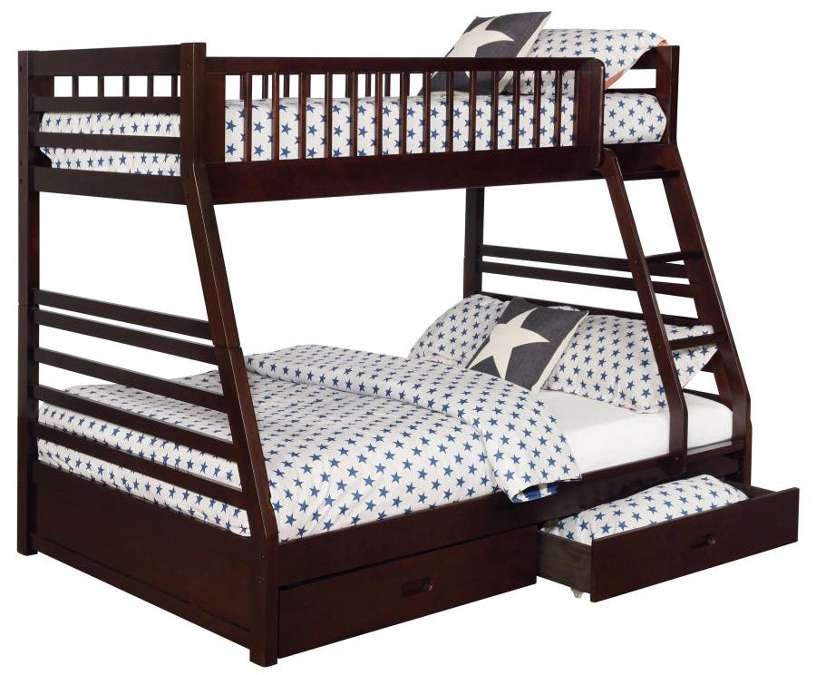 Coaster 460184 Harriet bee longville espresso finish wood twin over full bunk bed set with storage drawers