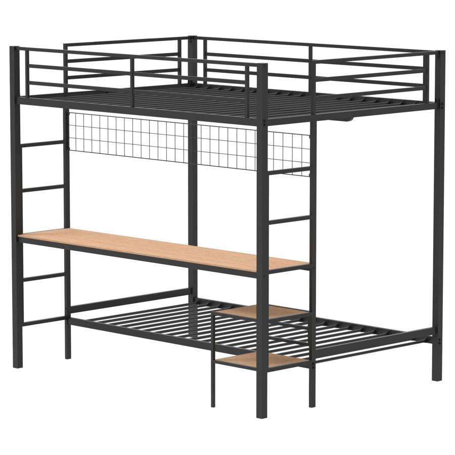 Coaster 460209BLK Campus matte black finish metal full over twin bunk bed set workstation desk and shelves