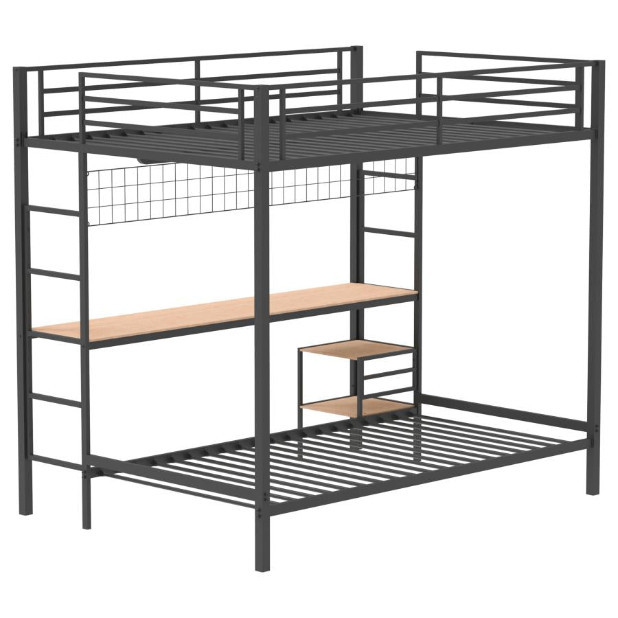 Coaster 460209BLK Campus matte black finish metal full over twin bunk bed set workstation desk and shelves