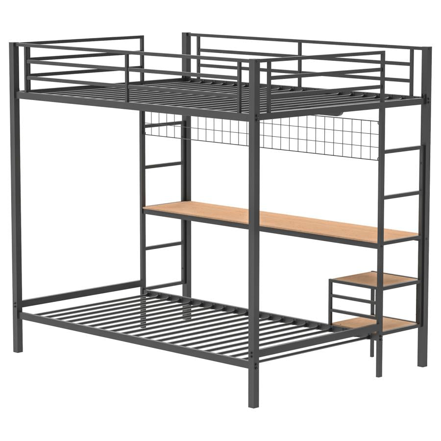 Coaster 460209BLK Campus matte black finish metal full over twin bunk bed set workstation desk and shelves