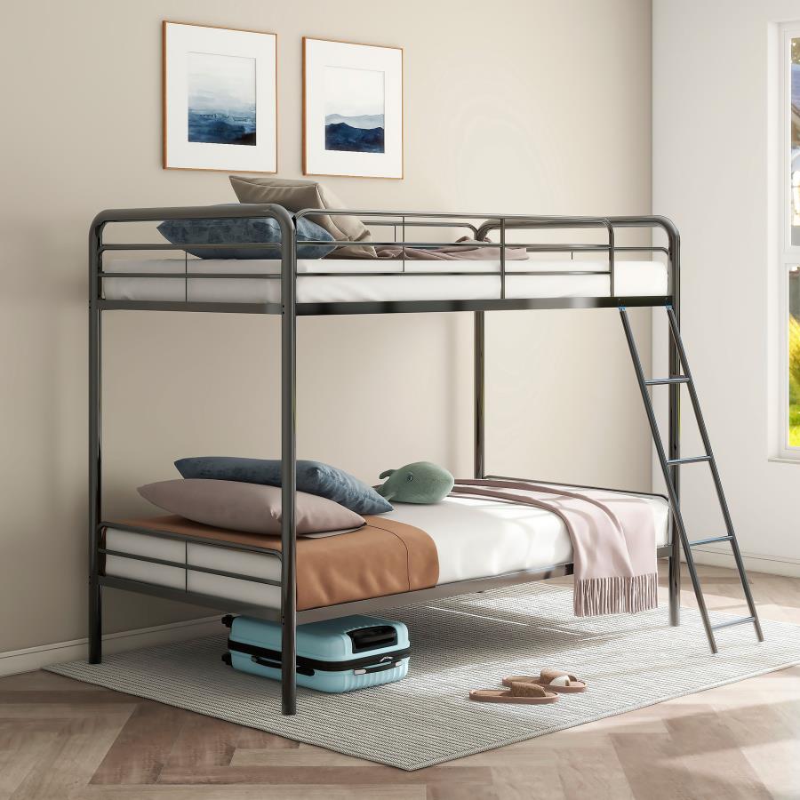 Coaster 460334BLK Carson glossy black finish metal twin over twin bunk bed set with front ladder