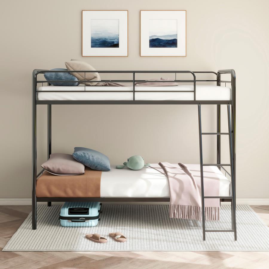 Coaster 460334BLK Carson glossy black finish metal twin over twin bunk bed set with front ladder