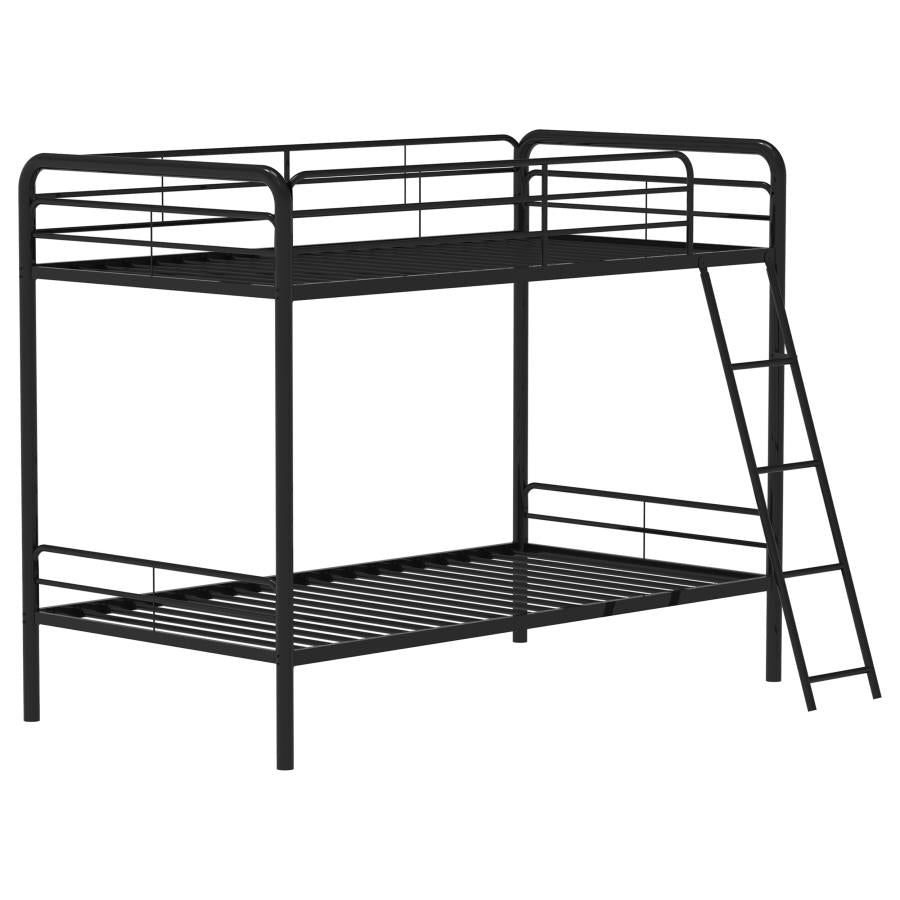 Coaster 460334BLK Carson glossy black finish metal twin over twin bunk bed set with front ladder